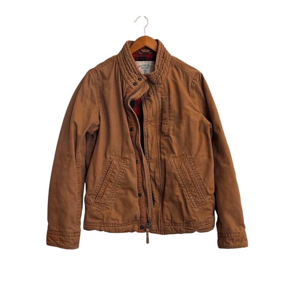 American Eagle Brown Utility Jacket Plaid Lined Snap Zip Casual Small Zip Button